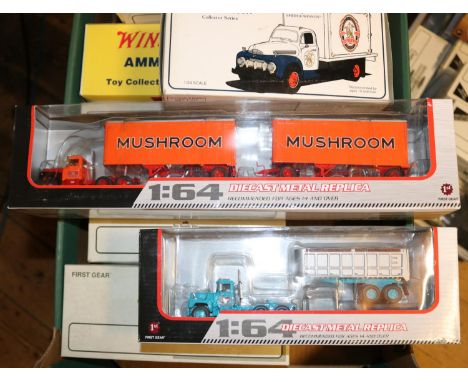 9 First Gear etc American Trucks etc, most 1/34 scale. 1951 Ford F-7 Fire Truck, FDNY. 1957 International R200 Moving Van, Mu