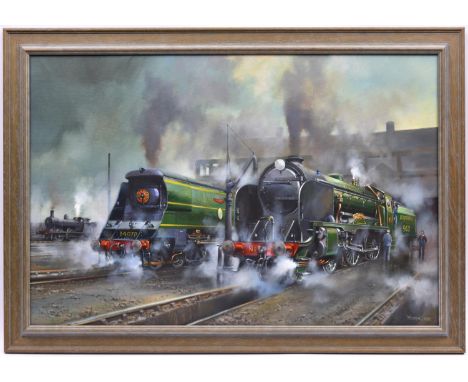 An oil painting on canvas by David Weston of three Southern Railway tender locomotives.  A Battle of Britain Class 4-6-2, 222