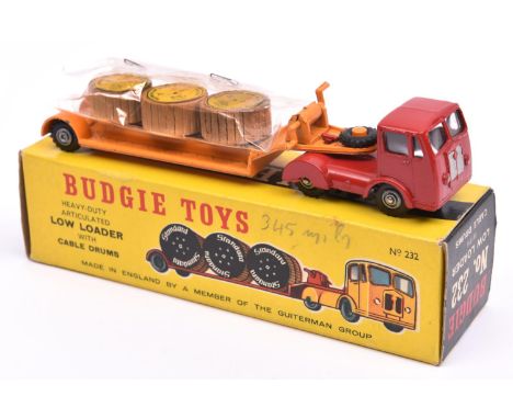 Budgie Toys Heavy-Duty Articulated Low Loader with Cable Drums (232). Seddon Tractor unit in red, orange low loader with 3 ca