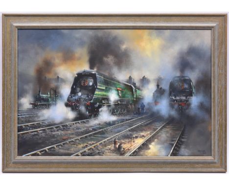 An oil painting on canvas by David Weston of four Southern Railway locomotives.  2x West Country Class 4-6-2 tender locos; Bo