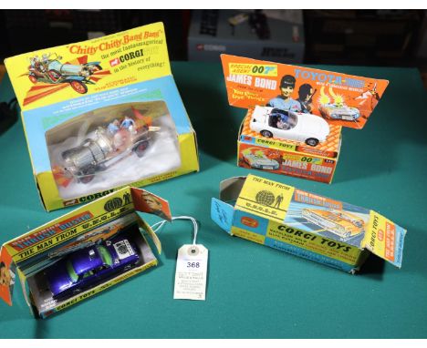 3x Corgi Toys. A James Bond Toyota 2000GT (336). Man from Uncle Thrushbuster (497). A Chitty Chitty Bang Bang (266). All boxe