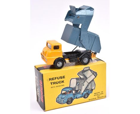 Budgie Toys Thames Trader Refuse Truck (274). A scarce example with a yellow cab and chassis and a metallic light blue body, 