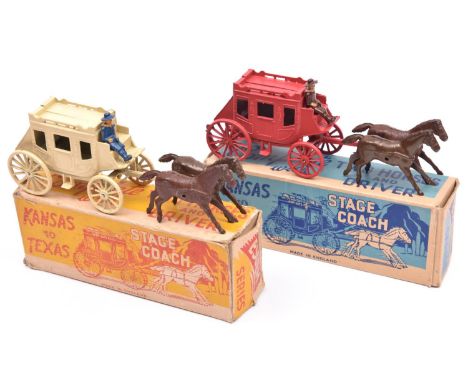 2 Essem Series Kansas to Texas Stage Coaches. One in red with two brown horses and a brown rider. The other in cream with two
