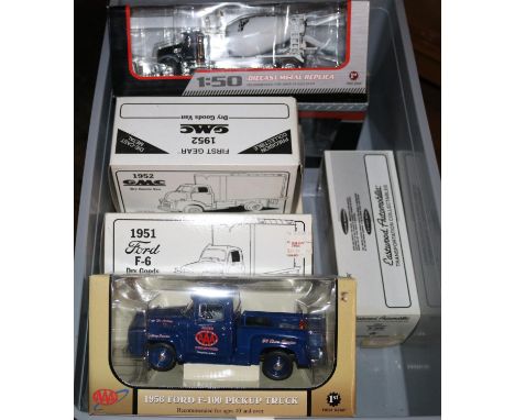 9 First Gear etc American Trucks etc, most 1/34 scale. Mack Pinnacle Tractor. 1951 Ford F6 Dry Goods Van, Moon Pie. 1957 Inte