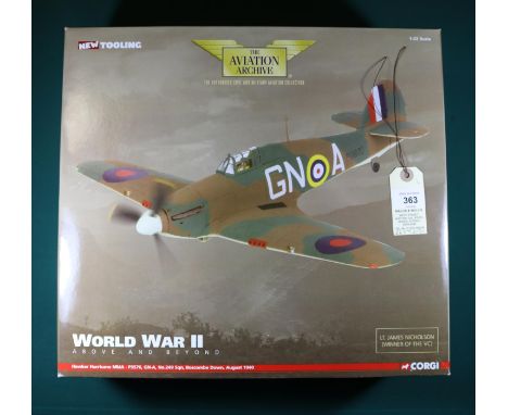 A Corgi Aviation Archive Hawker Hurricane MkIA. AA35501. P3576 GN-A No.249 Sqn Boscombe Down August 1940. Boxed. Contents Min