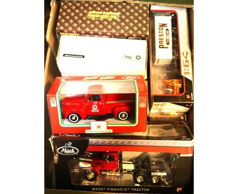9 First Gear etc American Trucks etc, most 1/34 scale. Mack Pinnacle Tractor. 1955 Diamond T Tow Truck, Kelly Springfield. 19