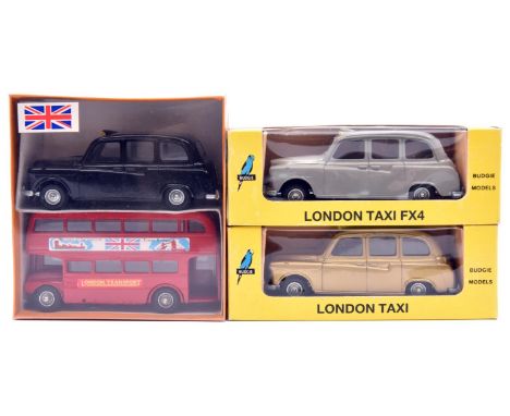 3 Budgie Toys. 2x London Taxi FX4 (703). One in grey and one in metallic gold. Together with a 2-vehicle 'Visitor to London' 