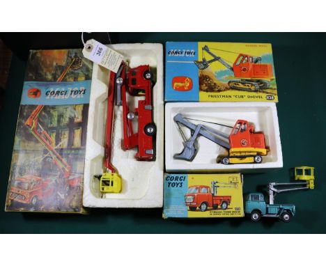 3x Corgi Toys. A Simon Snorkel Fire Engine (1127). Priestman Cub Shovel (1128). Hydraulic Tower Wagon on Forward Control Jeep