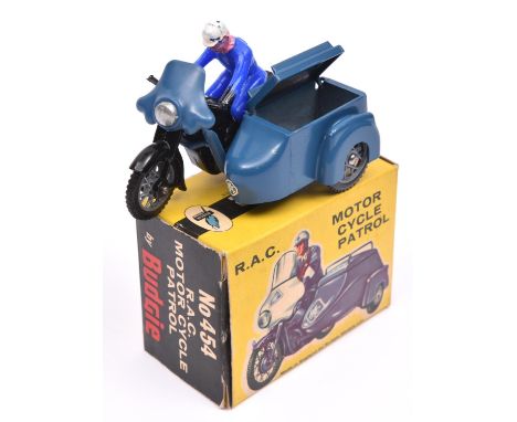 Budgie Toys R.A.C. Motorcycle Patrol (454). In black and dark blue livery, spoked metal wheels with black tyres and a blue pl