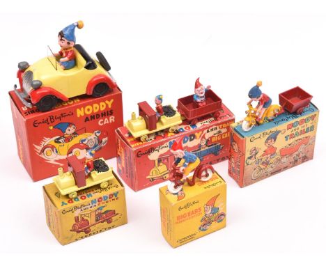 5 examples of Budgie/Morestone Enid Blyton's Noddy die-cast toys. Noddy and His Car, Noddy and HIs Train With Big Ears, Noddy