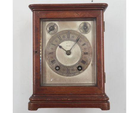 Ince walnut cased table clock, with visible escapement, H: 17 cm. Not available for in-house P&amp;P