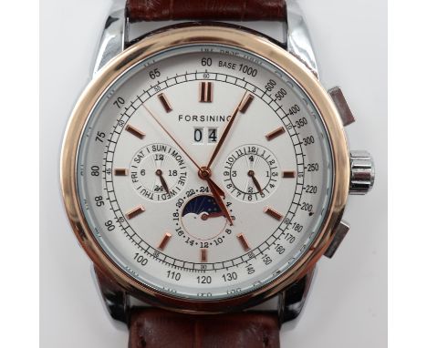FORSINING: gents steel cased automatic chronograph wristwatch, having day and 24hr dials, moon phase and date aperture, glass