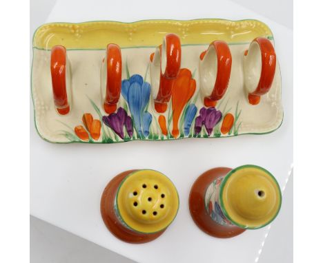 Clarice Cliff Crocus pattern toast rack and cruet. UK P&amp;P Group 2 (£20+VAT for the first lot and £4+VAT for subsequent lo