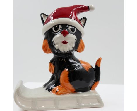 Lorna Bailey cat on sledge, no cracks or chips, H: 13 cm. UK P&amp;P Group 1 (£16+VAT for the first lot and £2+VAT for subseq