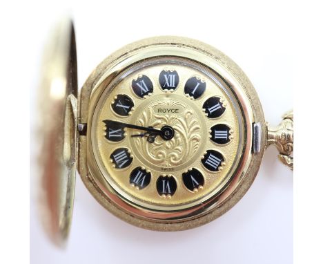 ROYCE: 14ct gold cased crown winding full hunter fob or pendant watch, chased design and enamelled Roman chapters, case D: 30