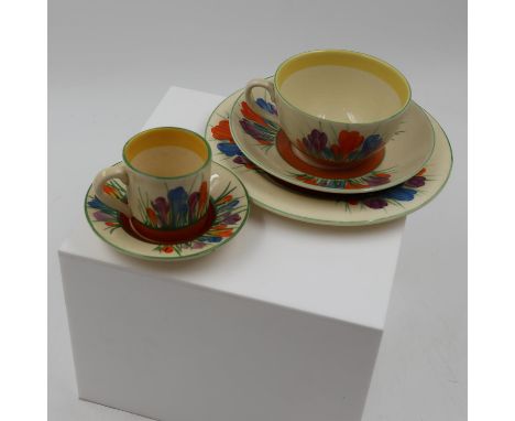 Clarice Cliff Crocus pattern trio and coffee can with saucer. UK P&amp;P Group 2 (£20+VAT for the first lot and £4+VAT for su