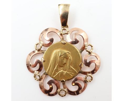 14ct gold Madonna medallion, set into a 14ct rose and yellow gold pendant mount, drop L: 32mm, 6.0g. UK P&amp;P Group 0 (£6+V
