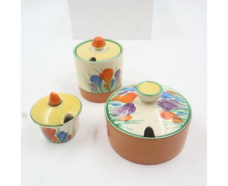 Clarice Cliff Crocus pattern lidded pots (2), a further pot and lid. UK P&amp;P Group 2 (£20+VAT for the first lot and £4+VAT