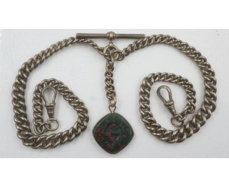 18ct gold filled double Albert chain with coloured glass intaglio fob, 48g. UK P&amp;P Group 0 (£6+VAT for the first lot and 