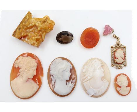 Mixed lot of stones to include intaglio carnelian, carved watermelon tourmaline, rough amber, cameos (including an indistinct