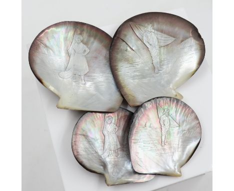 Four mother of pearl shells with engraving of Coastal scenes. UK P&amp;P Group 1 (£16+VAT for the first lot and £2+VAT for su