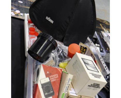 Camera and photo developing equipment, including light meters, Nikon TW-Zoom camera, monopod and developing trays etc. Not av