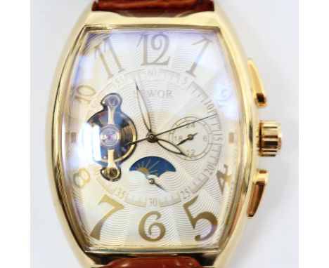 SEWOR: gents automatic wristwatch, champagne dial in the Franck Muller style with visible escapement and moon phase, glass ex