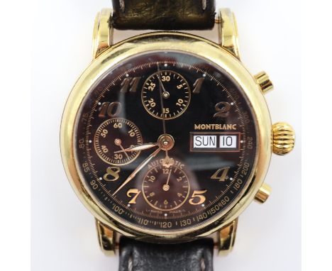 MONT BLANC: Meisterstuck gents gold plated automatic chronograph wristwatch, black dial with three subsidiary dials and day/d