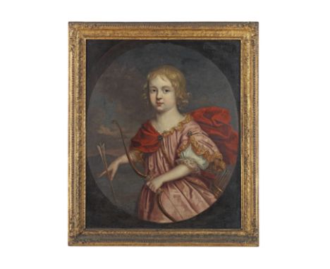 Follower of Jacob Huysmans (Antwerp 1633-1696 London)Portrait of a young child holding a bow and arrow, within a painted oval