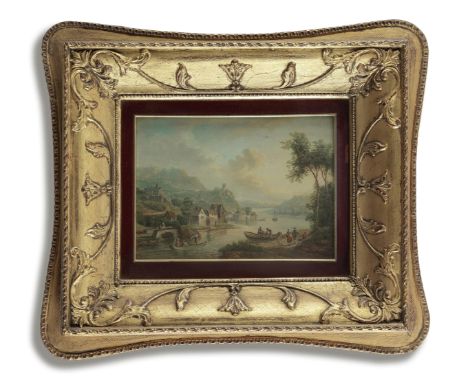 Attributed to Christian Georg Schütz I (Flörsheim 1718-1791 Frankfurt)A Rhenish river landscape with figures boarding a ferry