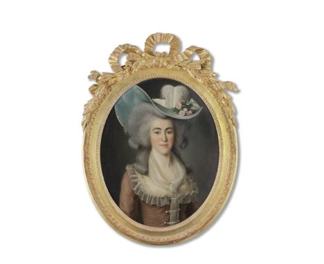 German School, early 19th CenturyPortrait of a lady, half-length, in a plumed hatoil on canvas, oval 73.5 x 58.5cm (28 7/8 x 