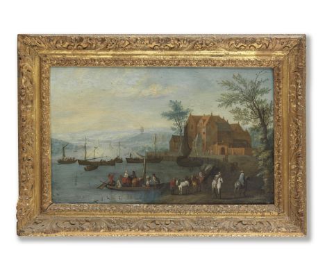 Circle of Joseph van Bredael (Antwerp 1688-1739 Paris)A river landscape with a ferry before a village oil on copper25.2 x 40.