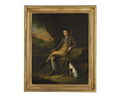Circle of Arthur William Devis (London 1763-1822)Portrait of a gentleman, possibly Judge James Ball, and his dog, seated befo