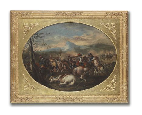 Antonio Maria Marini (Venice 1668-1725)A cavalry battle; and A cavalry skirmish before city walls a pair, oil on canvas, oval