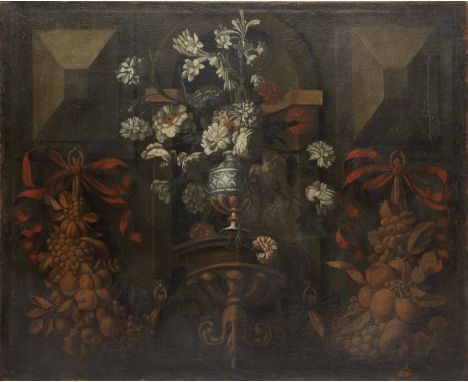 Spanish School, 17th CenturyAn architectural capriccio with swags of fruit and a vase of flowers oil on canvas102.1 x 122.3cm