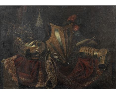 Attributed to Francesco Fieravino (undefined, Valetta 1609-1653 Rome)A breastplate and other armour with a plumed helmet on a