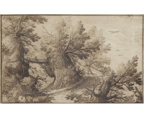 Remigio Cantagallina (Florence circa 1582-1656)A wooded landscape with a figure with a woodsman signed with monogram 'CR' (lo