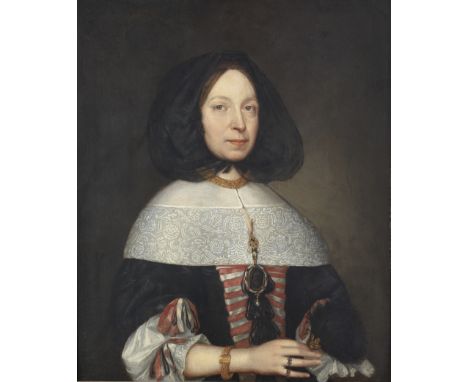 Attributed to Pieter Borselaer (Middelburg circa 1640-1731)Portrait of a lady, half-length, in a black dress with red and whi