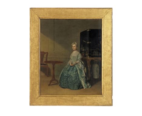 Circle of Arthur Devis (Preston 1712-1787 Brighton)Portrait of a lady, said to be Ann Cawood, seated full-length before a lac