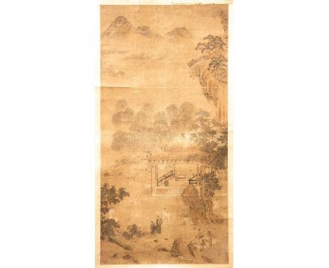 ATTRIBUTED TO QIU YING (QING DYNASTY)SCHOLARSA Chinese scroll painting, ink and colour on paper, depicting scholars gathering