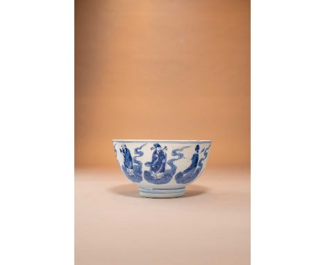 A CHINESE BLUE AND WHITE 'IMMORTALS' BOWLKANGXI 1662-1722Decorated to the exterior with the Eight Immortals with their attrib