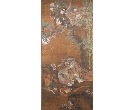 ATTRIBUTED TO ZHU DERUN (MING DYNASTY) EAGLE AND TIGERA Chinese scroll painting, ink and colour on silk, signed Zemin Zhu Der