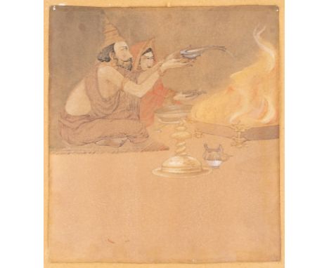 ATTRIBUTED TO ABANINDRANATH TAGORE (1871-1951)KRISHNA AND YASHODAC.1900-30An Indian painting, watercolour on card, depicting 