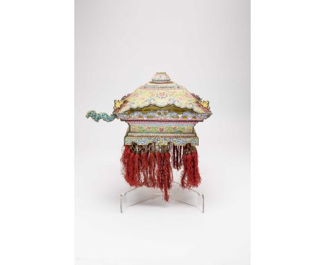 AN UNUSUAL CHINESE PAINTED ENAMEL LANTERN COVER QIANLONG 1736-95  Decorated with colourful flowers, foliage and bands of styl
