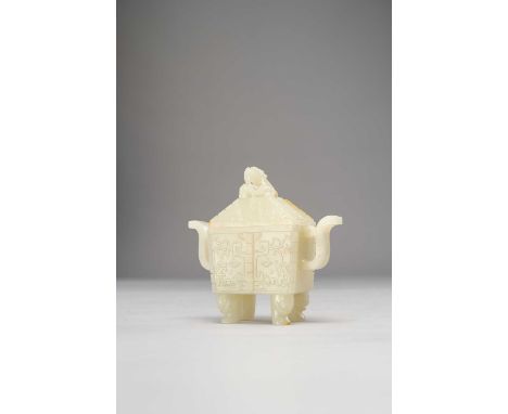 A CHINESE PALE CELADON JADE ARCHAISTIC RITUAL VESSEL AND COVER, FANGDING QING DYNASTY OR LATERThe rectangular body set with t