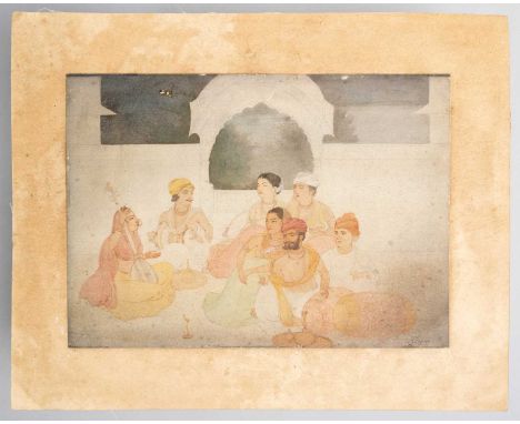 ABANINDRANATH TAGORE (1871-1951) A MOONLIGHT MUSIC PARTY C.1906  An Indian painting, watercolour and pencil on card, depictin