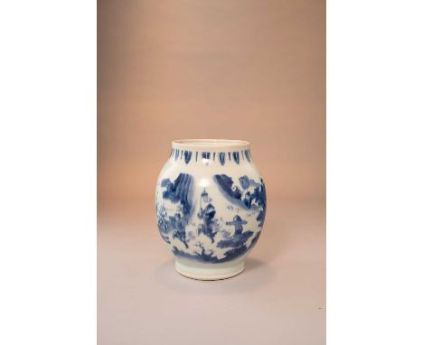 A CHINESE BLUE AND WHITE OVOID JAR TRANSITIONAL C.1640  The body painted in a fuzzy underglaze blue with a continuous landsca