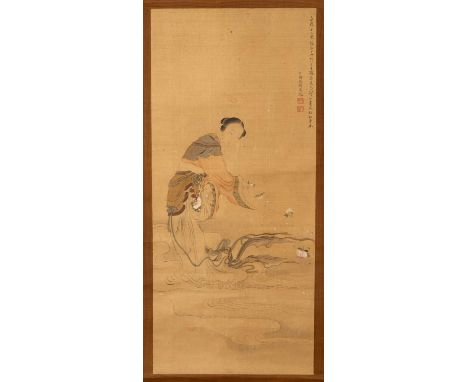 ATTRIBUTED TO GAI QI (QING DYNASTY) A LADY BESIDE A RIVER  A Chinese scroll painting, ink and colour on silk, inscribed with 