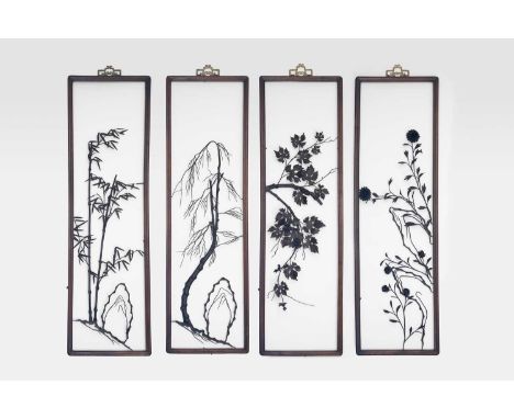A SET OF FOUR CHINESE IRON PICTURES, TIEHUAQING DYNASTYDepicting chrysanthemum, bamboo, a willow tree and a fruiting vine, ea