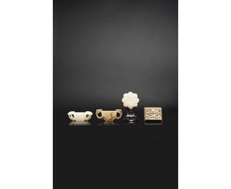 TWO CHINESE JADE CUPS AND TWO JADE PLAQUESMING AND QING DYNASTYEach cup set with two chilong handles, one with a rounded bowl